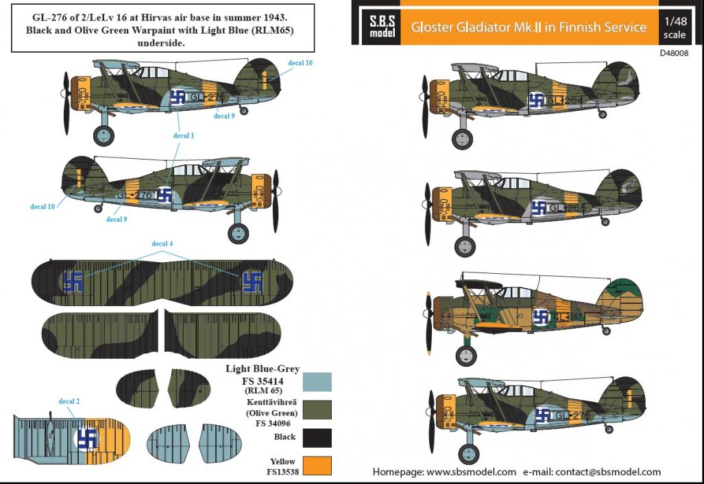 SBS Model 1/48 Gloster Gladiator in Finnish service decal sheet D48008